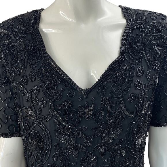 VINTAGE 80s Dress Womens PM Petite Medium Black Beaded Maxi Silk Retro - Picture 5 of 13